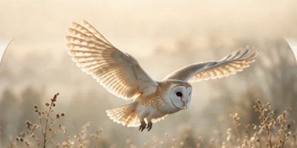 Barn owl in flight with wings outstretched over a misty meadow