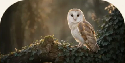 Barn owl perched on an ivy-covered branch in a softly lit woodland