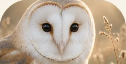 Close-up of a barn owl's heart-shaped white face and dark eyes