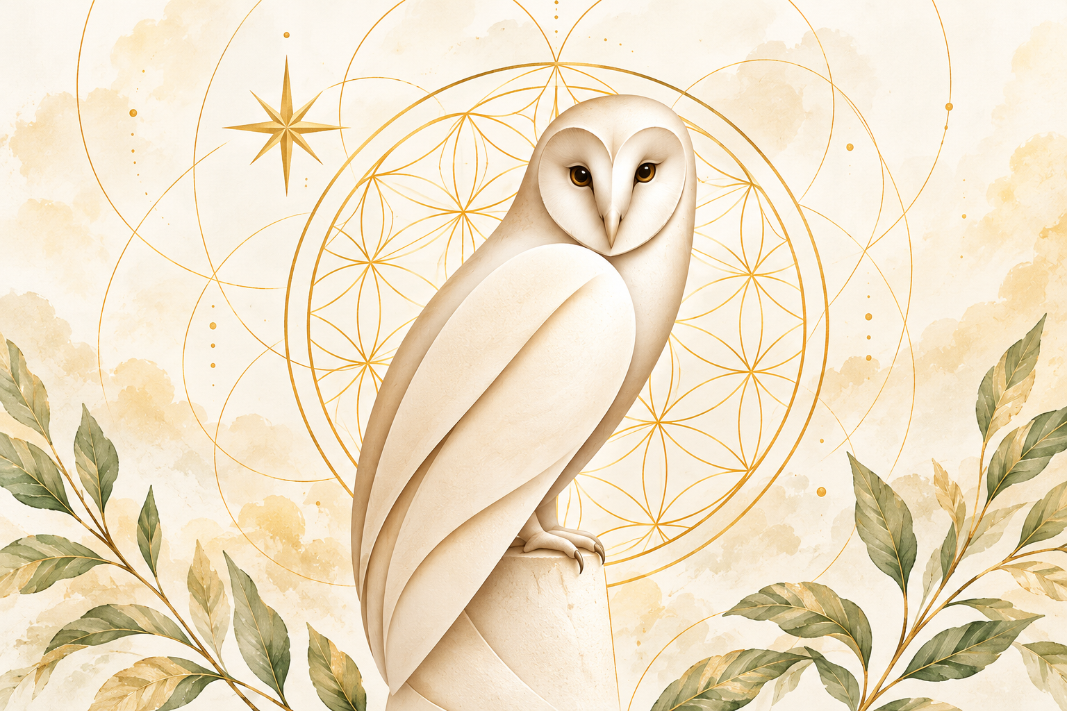 Barn owl centred within a golden sacred geometry mandala — Emberlight Oracle by Owl Reiki, Enfield Town