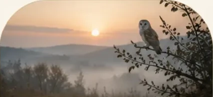 Owl silhouetted on a branch above a misty valley at sunrise