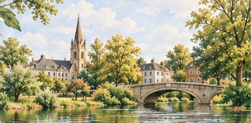 Watercolour of a stone bridge over a river with a church spire and trees, painted for a guide to Reiki in Enfield Town by Owl Reiki